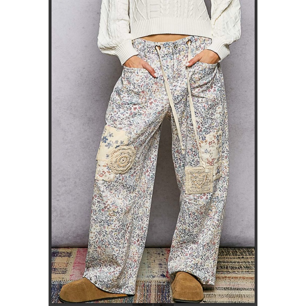 POL Floral Patchwork Wide-Leg Pants in Cream and Tan